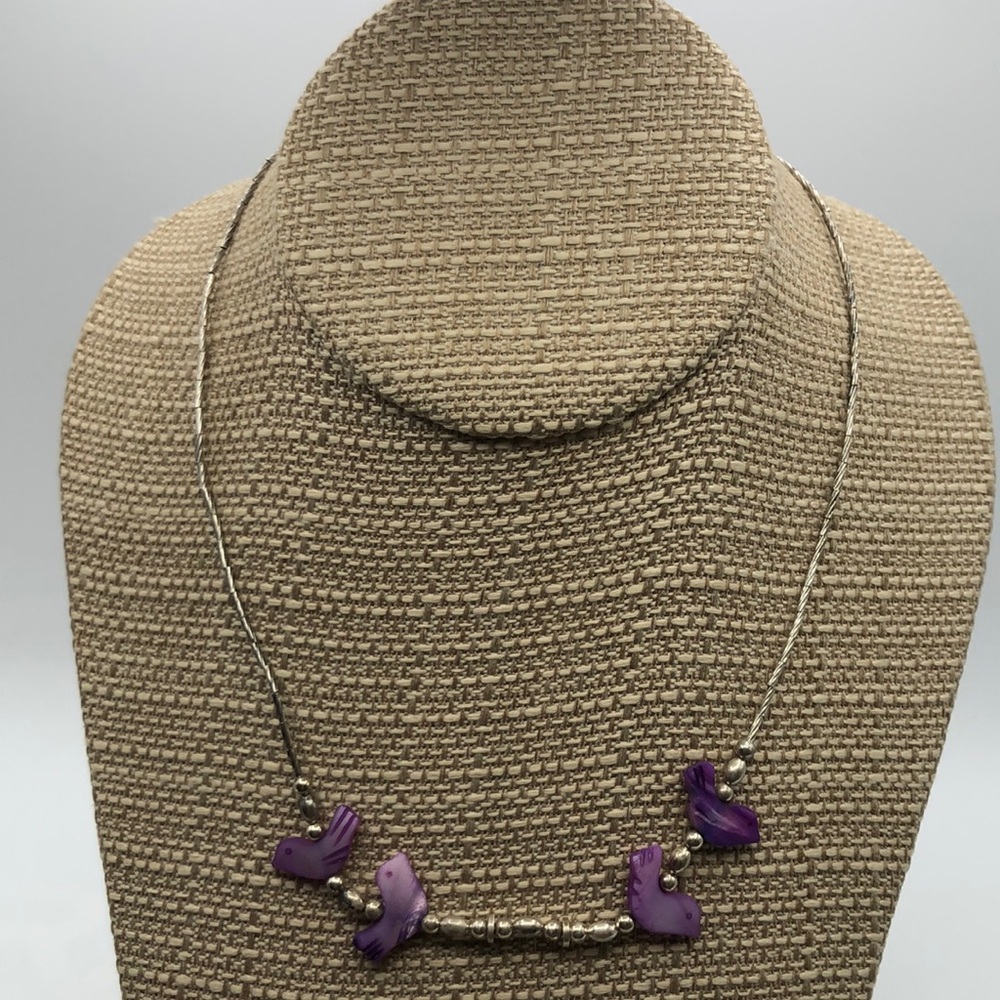 VTG Native Made carved pearl bird fetish sterling silver beads necklace